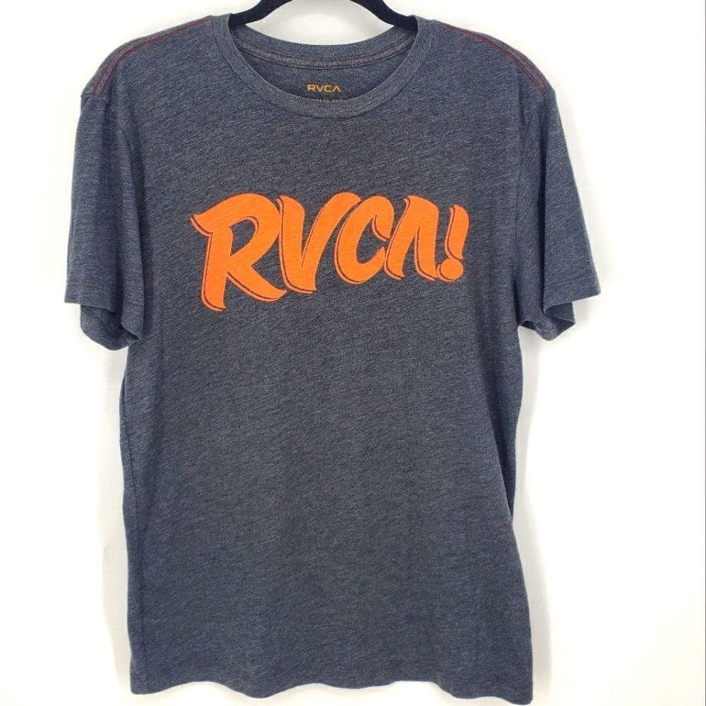 RVCA Vintage Dye Mens Gray And Orange Spellout Crewneck Short Sleeve T-Shirt